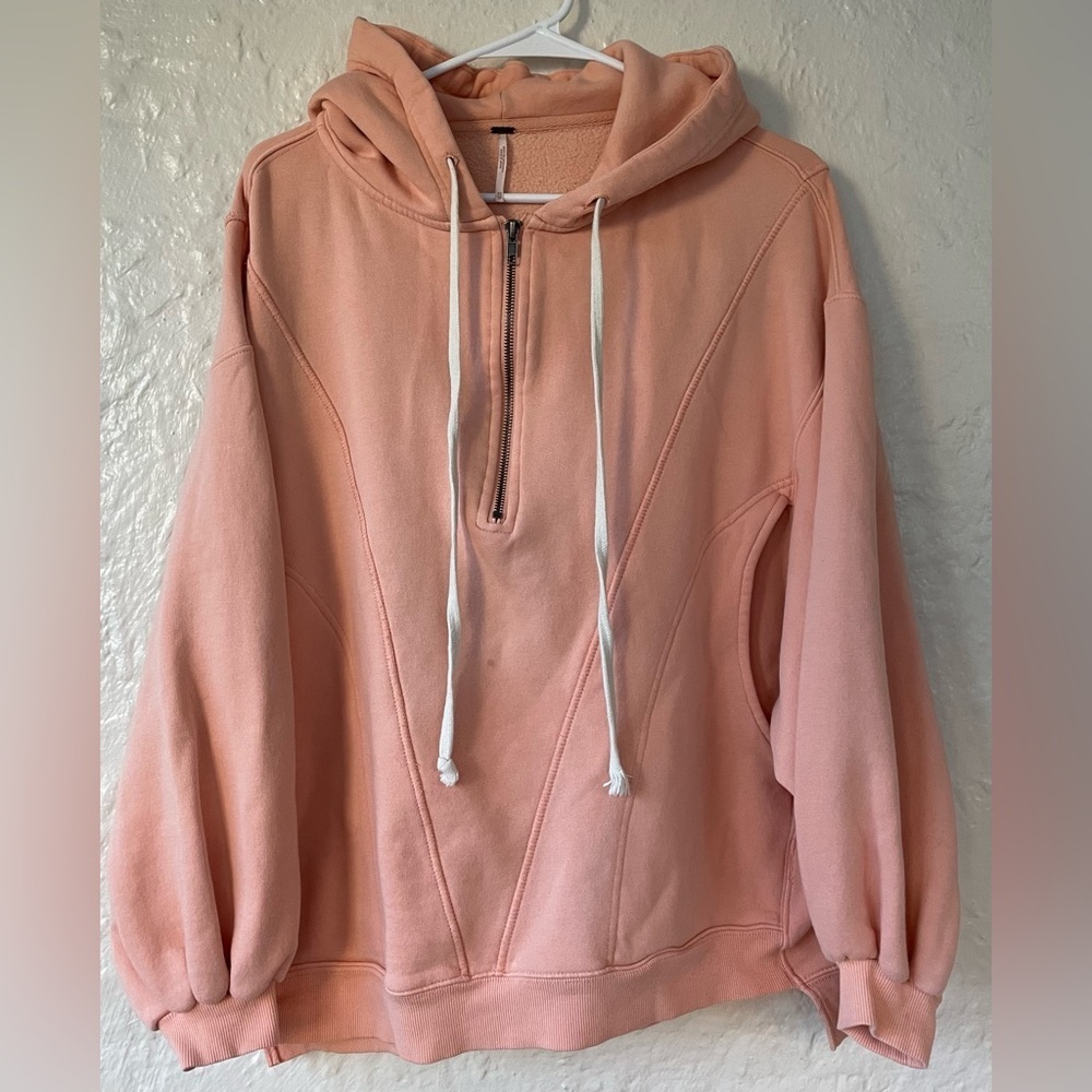 Free People oversized 1/4 zip High Road pullover hooded sweatshirt, peach; XS